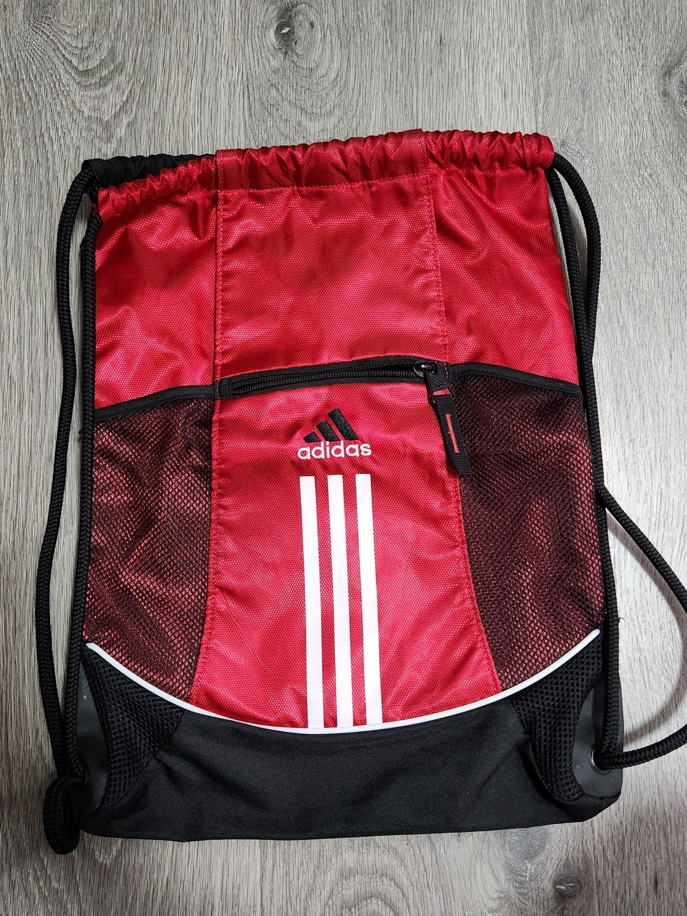 adidas Red and Black Drawstring Backpack with White Stripes